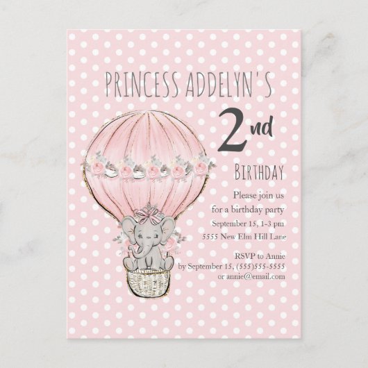 Pink Princess Elephant Balloon Stippen 2e verjaard Uitnodiging Briefkaart (Voorkant)