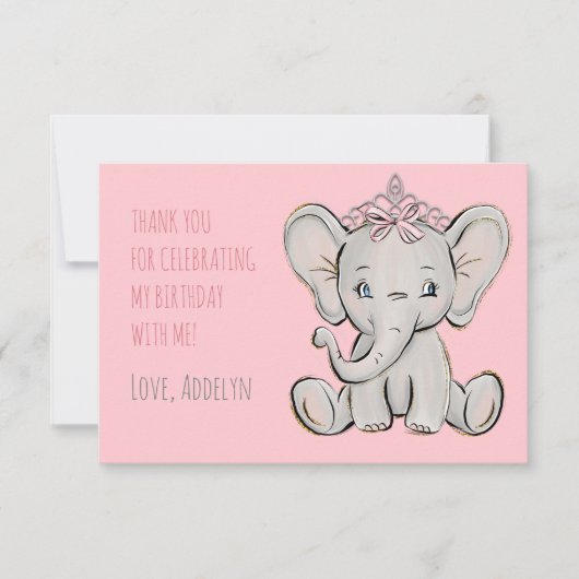 Pink Princess Elephant Birthday Dank u Bedankkaart (Voorkant)