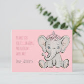 Pink Princess Elephant Birthday Dank u Bedankkaart (Staand voorkant)