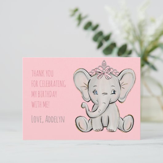 Pink Princess Elephant Birthday Dank u Bedankkaart (Staand voorkant)