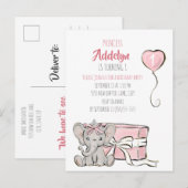 Pink Princess Elephant Child's 1e verjaardag Uitnodiging Briefkaart (Voorkant / Achterkant)