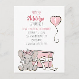 Pink Princess Elephant Child's 1e verjaardag Uitnodiging Briefkaart