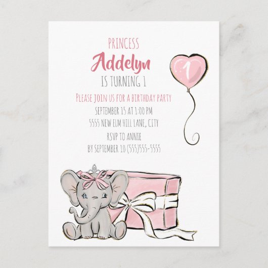 Pink Princess Elephant Child's 1e verjaardag Uitnodiging Briefkaart (Voorkant)