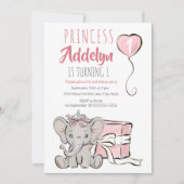 Pink Princess Elephant Child's 1st Birthday Party Kaart (Voorkant)