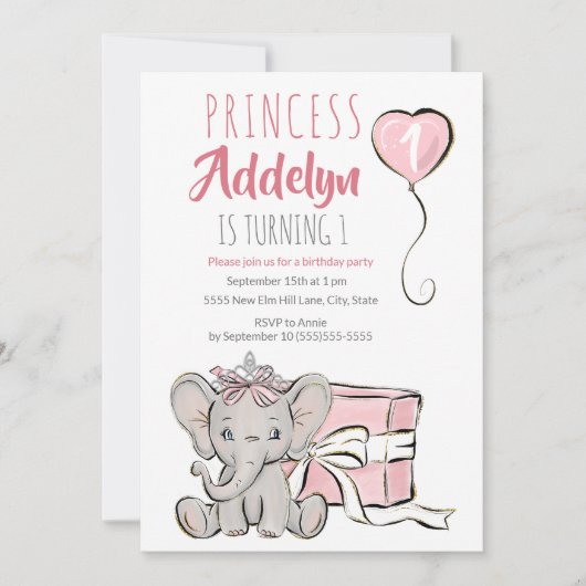 Pink Princess Elephant Child's 1st Birthday Party Kaart (Voorkant)