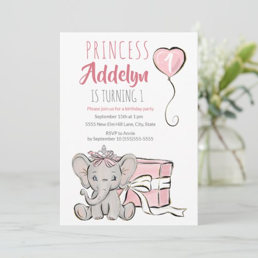 Pink Princess Elephant Child's 1st Birthday Party Kaart (Staand voorkant)