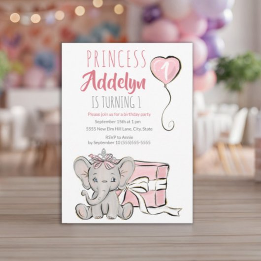 Pink Princess Elephant Child's 1st Birthday Party Kaart