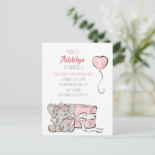 Pink Princess Elephant Child's 2e verjaardag Uitnodiging Briefkaart (Staand voorkant)