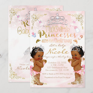 Pink Princess Ethnic Dark Twin Girls Baby shower Kaart