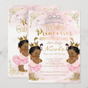 Pink Princess Ethnic Dark Twin Girls Baby shower Kaart
