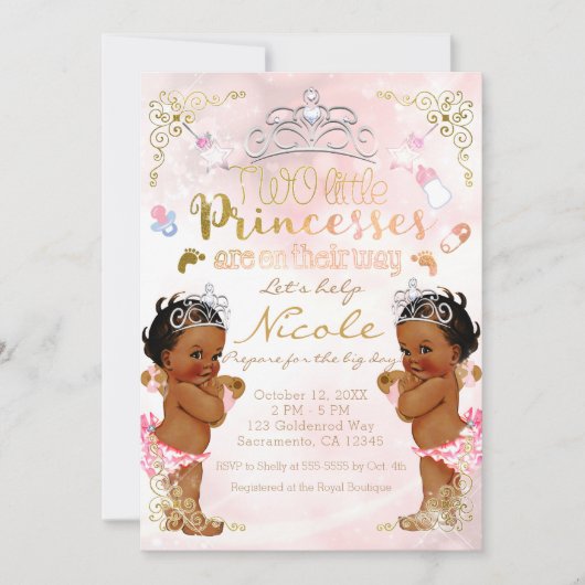 Pink Princess Etnische Dark Twin Girls Baby shower Kaart (Voorkant)