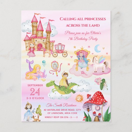 Pink Princess Fairy tale geldagenuitnodiging (Voorkant)