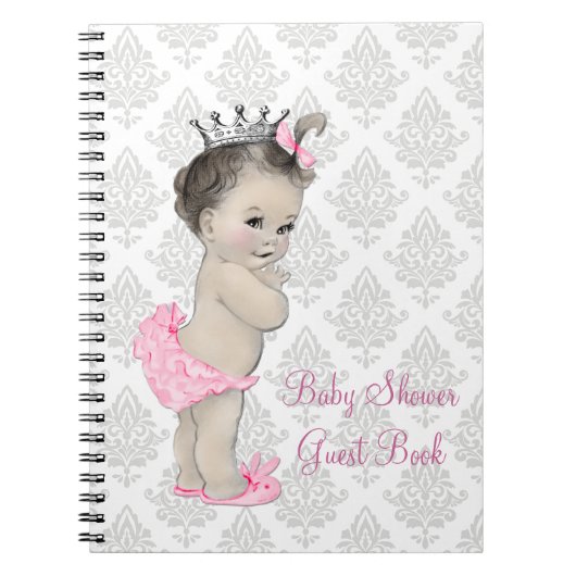 Pink Princess Grey Damask Baby shower Gastboek Notitieboek (Voorkant)
