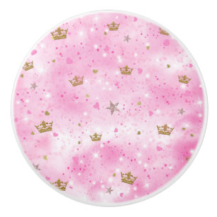 Pink Princess Hearts Crowns Glitter Sparkle Keramische Knop