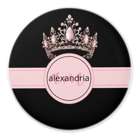 Pink Princess Monogram Tiara Girly Ceramic Knob Keramische Knop (Voorkant)