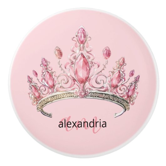Pink Princess Monogram Tiara Girly Ceramic Knob Keramische Knop (Voorkant)