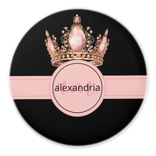 Pink Princess Monogram Tiara Girly Ceramic Knob Keramische Knop (Voorkant)