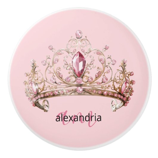 Pink Princess Monogram Tiara Girly Ceramic Knob Keramische Knop (Voorkant)
