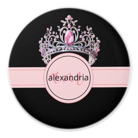 Pink Princess Monogram Tiara Girly Ceramic Knob Keramische Knop (Voorkant)