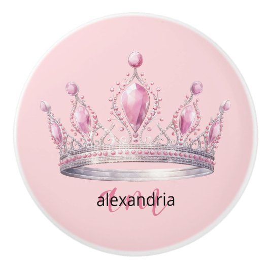 Pink Princess Monogram Tiara Girly Ceramic Knob Keramische Knop (Voorkant)