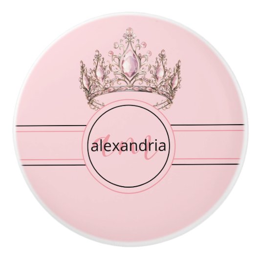Pink Princess Monogram Tiara Girly Ceramic Knob Keramische Knop (Voorkant)