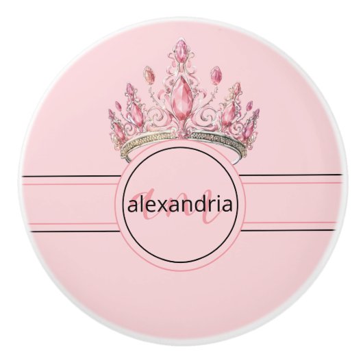 Pink Princess Monogram Tiara Girly Ceramic Knob Keramische Knop (Voorkant)