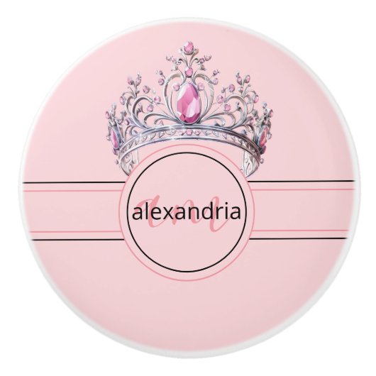 Pink Princess Monogram Tiara Girly Ceramic Knob Keramische Knop (Voorkant)