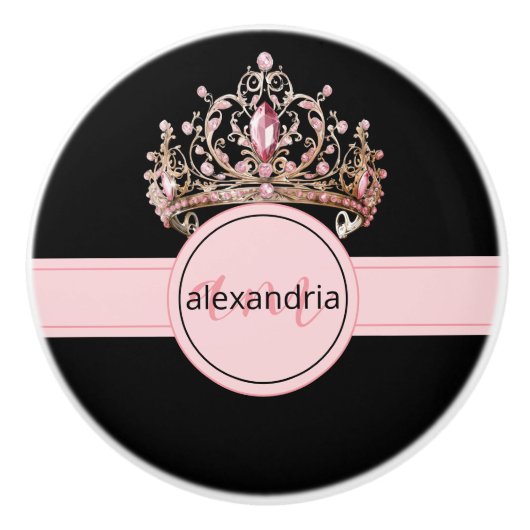 Pink Princess Monogram Tiara Girly Ceramic Knob Keramische Knop (Voorkant)