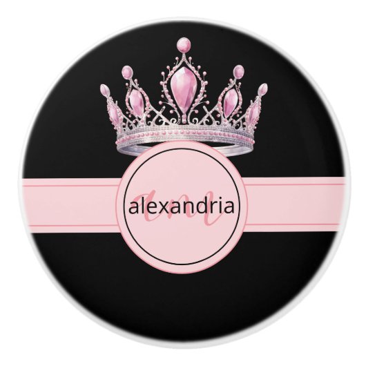 Pink Princess Monogram Tiara Girly Ceramic Knob Keramische Knop (Voorkant)