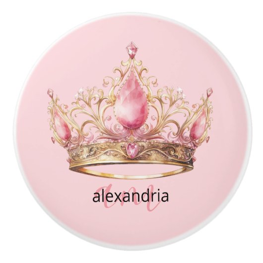 Pink Princess Monogram Tiara Girly Ceramic Knob Keramische Knop (Voorkant)