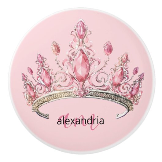 Pink Princess Monogram Tiara Girly Ceramic Knob Keramische Knop (Voorkant)