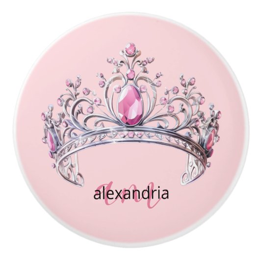 Pink Princess Monogram Tiara Girly Ceramic Knob Keramische Knop (Voorkant)