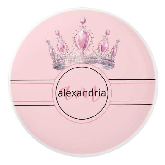 Pink Princess Monogram Tiara Girly Ceramic Knob Keramische Knop (Voorkant)