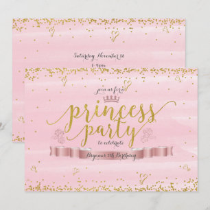 Pink Princess Party & Gold Birthday Invitations Kaart