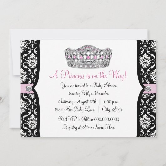 Pink Princess Pink Black Damask Baby shower Kaart (Voorkant)
