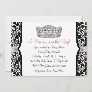 Pink Princess Pink Black Damask Baby shower Kaart
