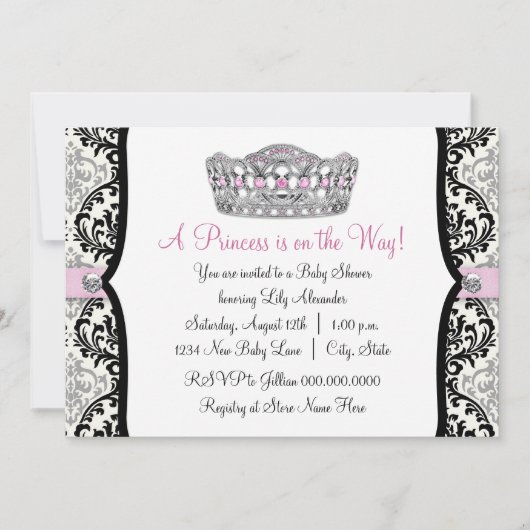 Pink Princess Pink Black Damask Baby shower Kaart (Voorkant)