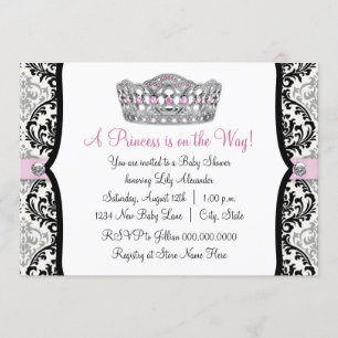 Pink Princess Pink Black Damask Baby shower Kaart