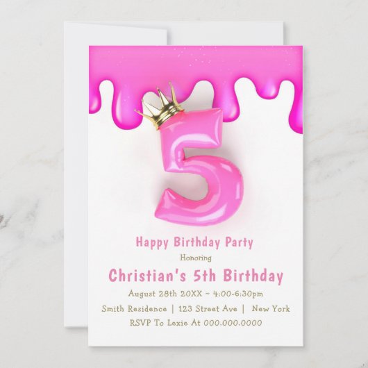 Pink Princess Slime 5th Birthday Invitations (Voorkant)