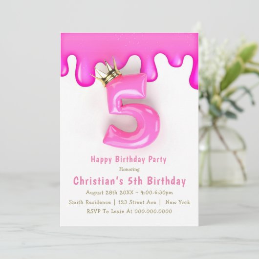 Pink Princess Slime 5th Birthday Invitations (Staand voorkant)
