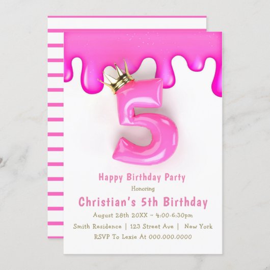 Pink Princess Slime 5th Birthday Invitations (Voorkant / Achterkant)