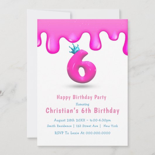 Pink Princess Slime 6th Birthday Invitations (Voorkant)