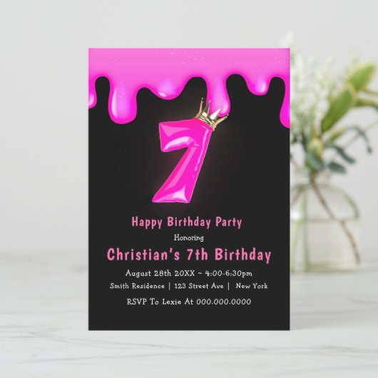 Pink Princess Slime 7th Birthday Invitations (Staand voorkant)