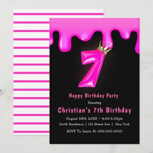 Pink Princess Slime 7th Birthday Invitations (Voorkant / Achterkant)