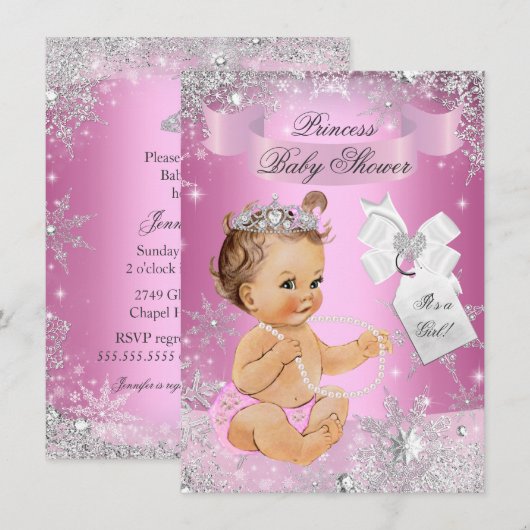 Pink Princess Snowflake Baby shower Invite Kaart (Voorkant / Achterkant)