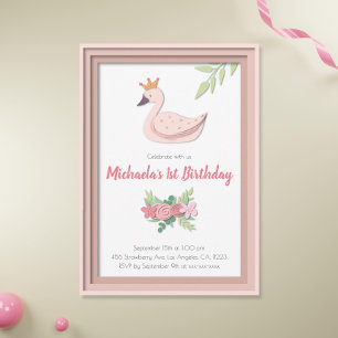 Pink Princess Swan Floral Girl First Birthday Kaart