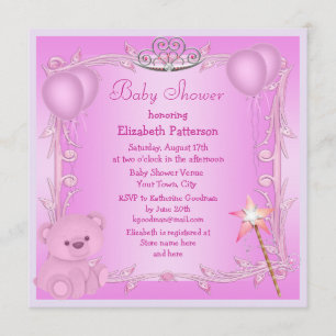 Pink Princess Teddy Bear & Balloons Baby shower Kaart