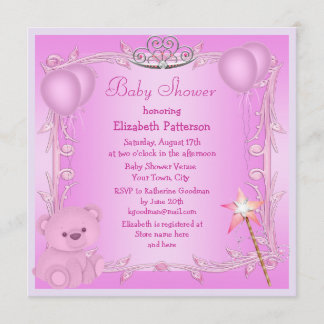 Pink Princess Teddy Bear & Balloons Baby shower Kaart