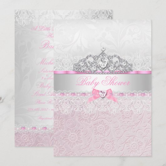 Pink Princess Tiara Lace Baby shower Invitation Kaart (Voorkant / Achterkant)