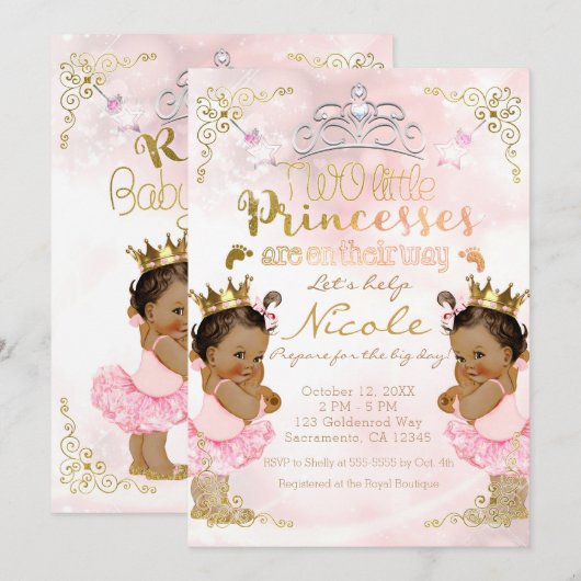 Pink Princess Tutu & Crown Twin Girls Baby shower Kaart (Voorkant / Achterkant)